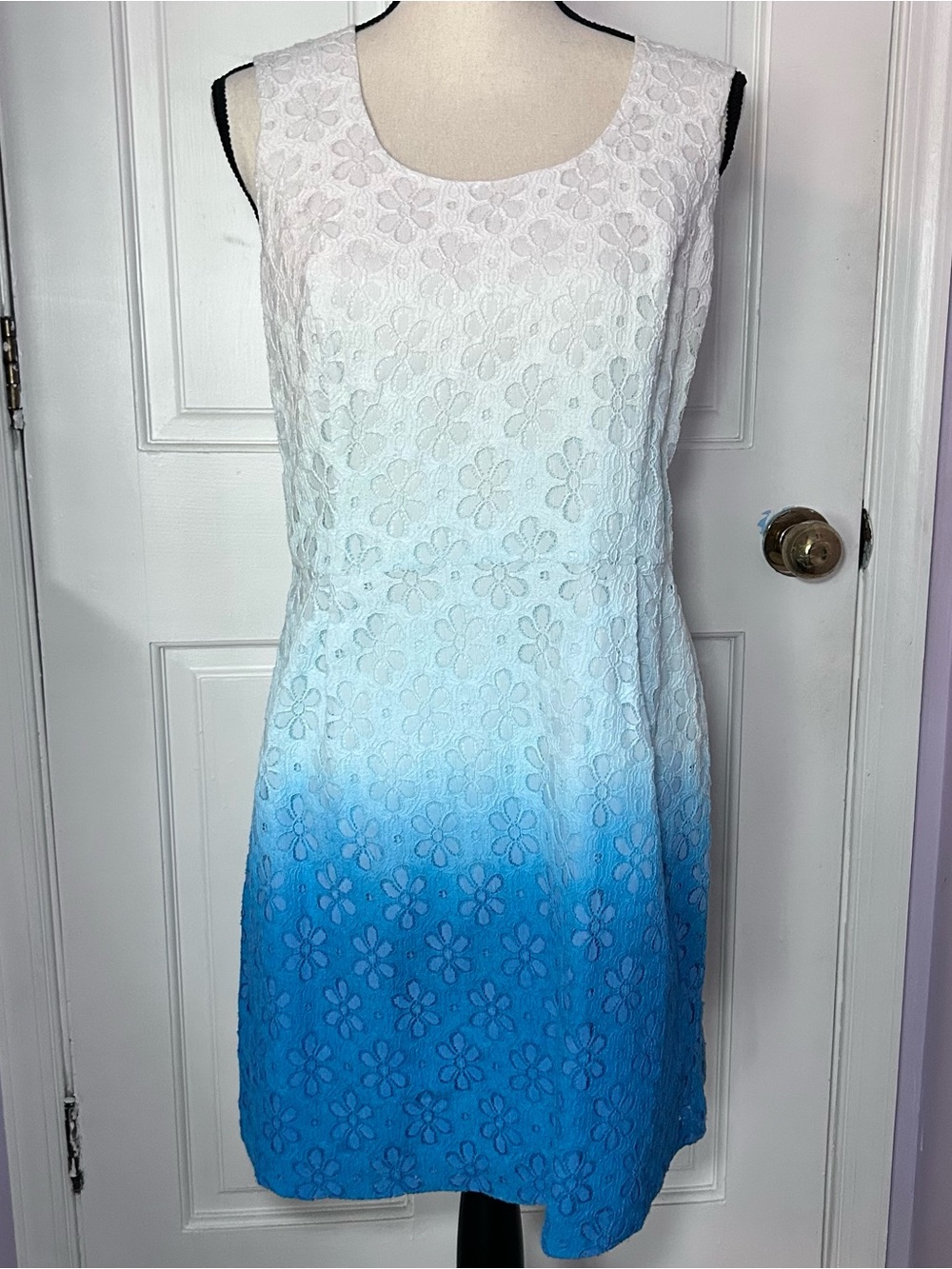 New Kensie L Blue and White Ombré Floral Lace Shift Dress